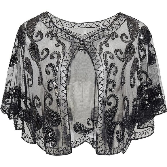 Babeyond 1920s Shawl  Wraps Beaded Evening Cape Bridal Shawl Cover Up (Black) - Picture 1 of 6